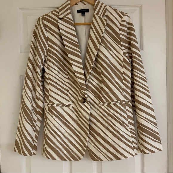 ANN TAYLOR Linen Zebra Striped Blazer in Tan and White Women's Blazer - Picture 6 of 12